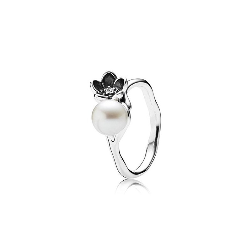 Pandora Pierścionek ze srebra, biała hodowlana perła słodkowodna, cyrkonia sześcienna, czarna emalia 190924P