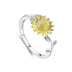 Pierścionek otwarty złoty kwiat słonecznika, srebro 925, pozłacany