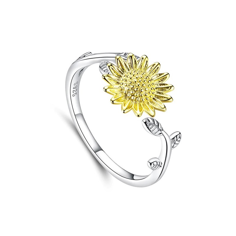 Pierścionek otwarty złoty kwiat słonecznika, srebro 925, pozłacany