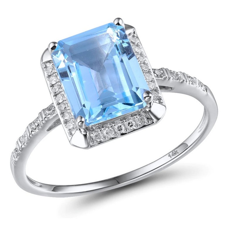 Zaręczynowy złoty 14k pierścionek niebieski topaz i diamenty, białe złoto 585