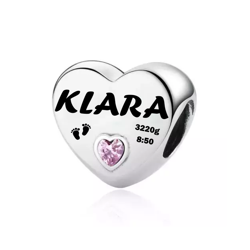Charms personalizowany serce z grawerem, srebro 925 + różowa cyrkonia