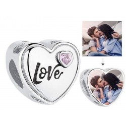 Charms personalizowany ze zdjęciem serce LOVE, srebro 925, cyrkonia sześcienna