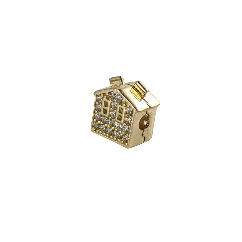 Złoty 14k charms klips dom, złoto 585, cyrkonia sześcienna