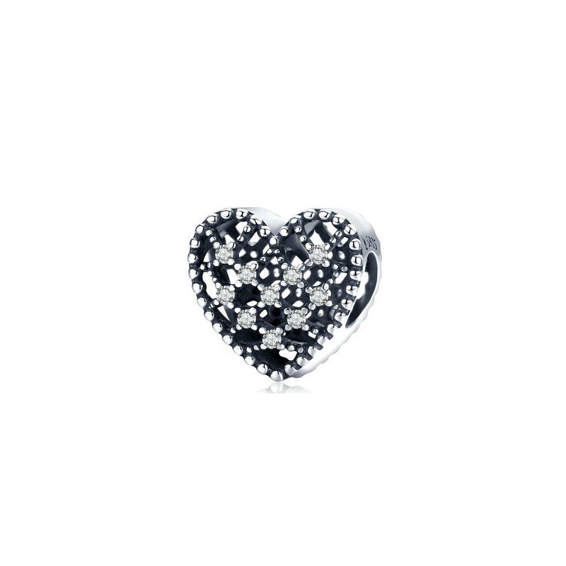 Srebrny charms - koronkowe serce pave, srebro 925, cyrkonia sześcienna