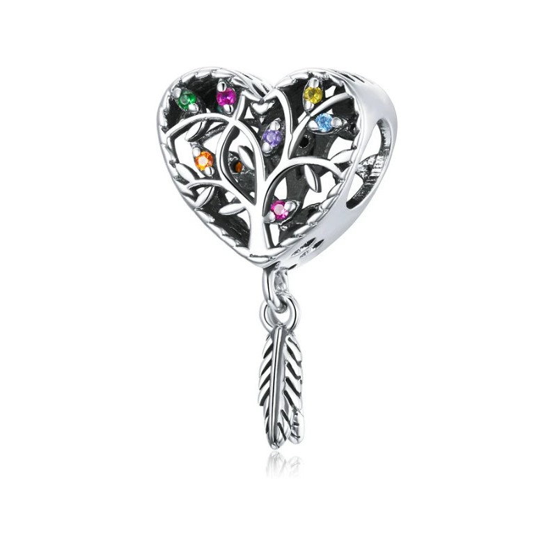Srebrny charms - serce z drzewem rodzinnym i łapaczem snów, srebro 925, cyrkonia sześcienna