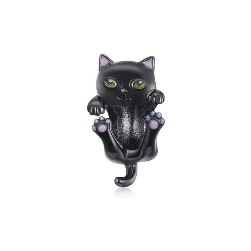 Srebrny charms - czarny emaliowany kot, srebro 925
