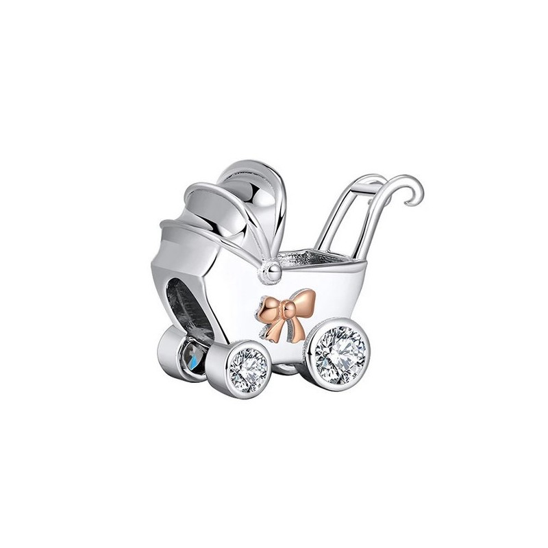 Charms srebrny wózek z różową kokardą + grawer, srebro 925, cyrkonia sześcienna