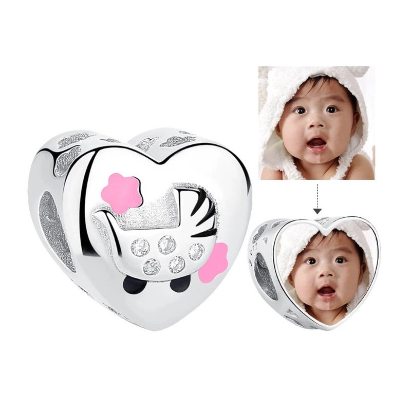 Charms personalizowany serce wózek i twoje zdjęcie, srebro 925
