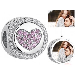 Charms personalizowany z różowym sercem + twoje zdjęcie, srebro 925