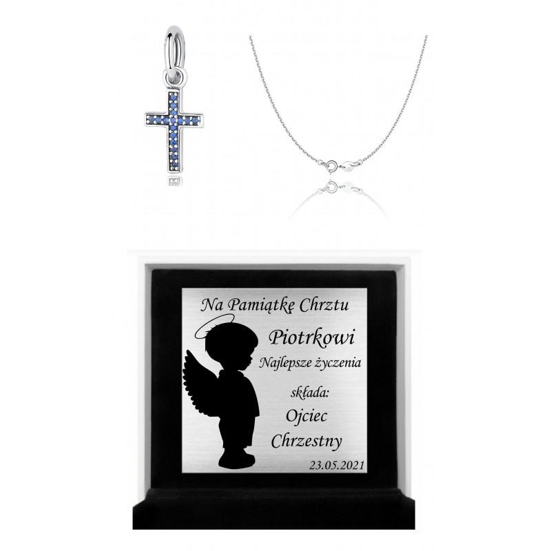 Naszyjnik - niebieski krzyżyk dla chłopca z łańcuszkiem na prezent - komunię, chrzest lub bierzmowanie