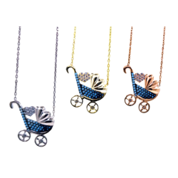 Srebrny naszyjnik kolia wózek chłopięcy z sercem z cyrkonii, srebro 925, cyrkonia sześcienna
