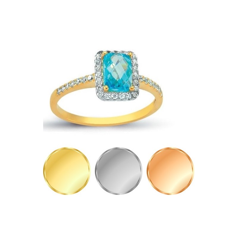Złoty 14k pierścionek z niebieskim topazem, złoto 585, cyrkonia sześcienna
