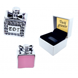 Charms zawieszka różowe perfumy + grawer, srebro 925, emaliowany, cyrkonia sześcienna
