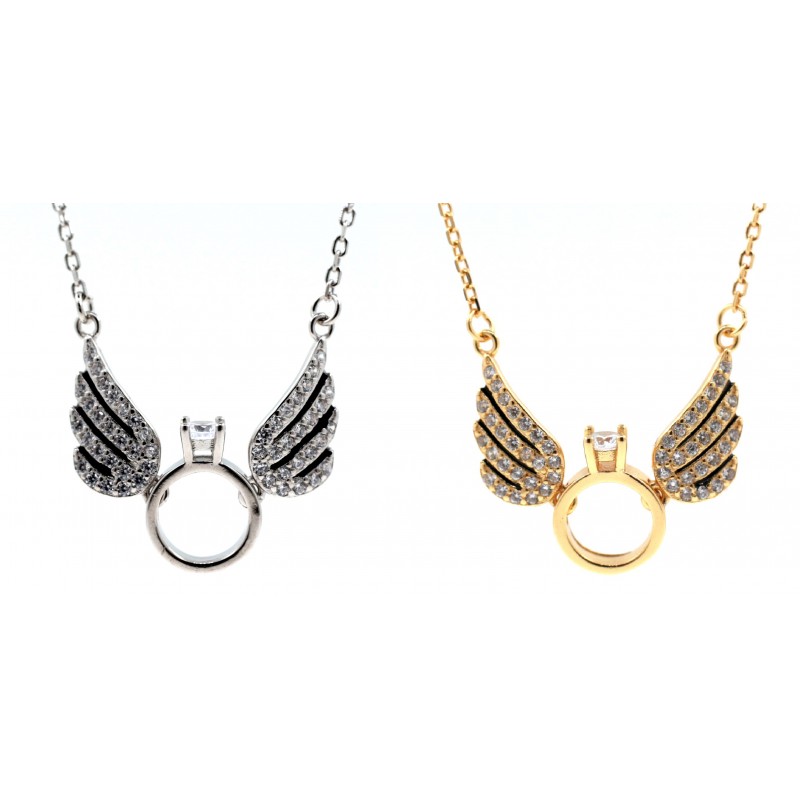 Srebrny naszyjnik kolia skrzydła anioła z pierścionkiem zaręczynowym, srebro 925, cyrkonia sześcienna