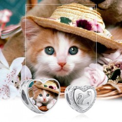 Charms personalizowany ze zdjęciem serce z kotem, srebro 925 + twoje zdjęcie, cyrkonia sześcienna