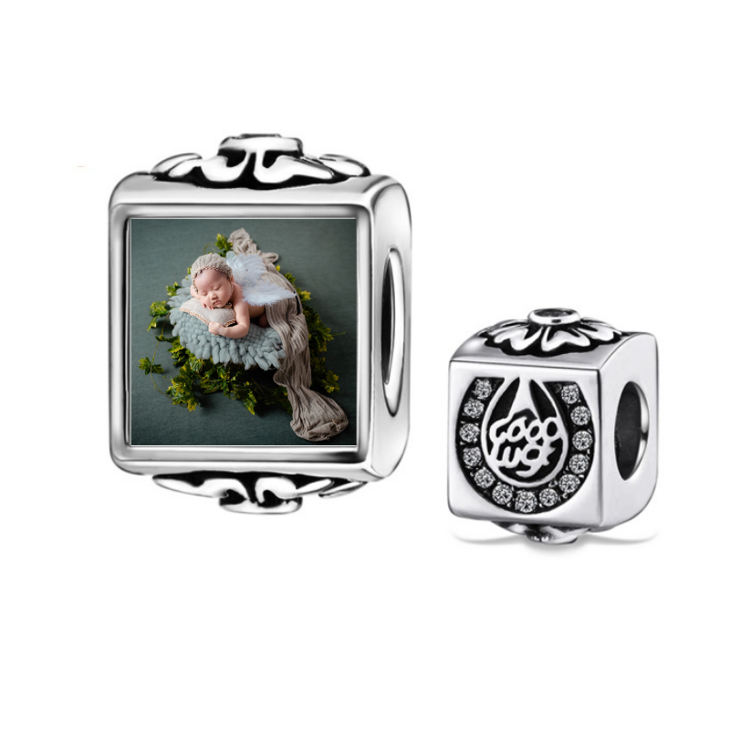 Charms personalizowany ze zdjęciem kwiaty i podkowa na szczęście, srebro 925 + twoje zdjęcie, cyrkonia sześcienna