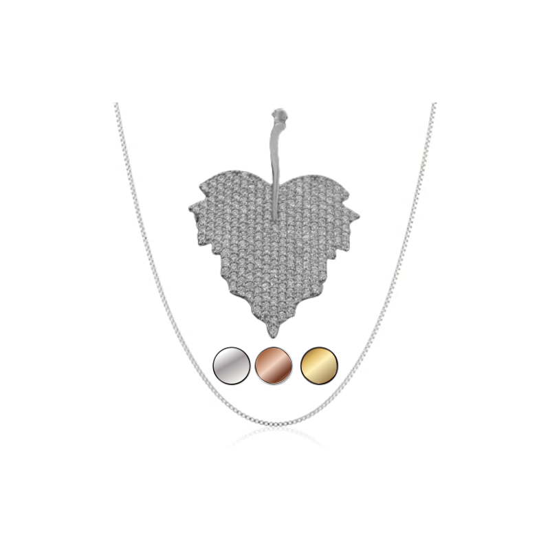 Naszyjnik duży brzozowy liść pave, srebro 925, cyrkonia sześcienna