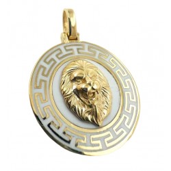 Medalion zawieszka na łańcuszek lew z greckim wzorem, złoto 585, emaliowany