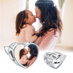 Charms personalizowany z Twoim zdjęciem serce ze skrzydłami dla mamy, srebro 925 + twoje zdjęcie