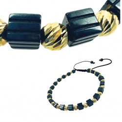 Złota bransoletka unisex z hematytem i ryflowanym złotem, złoto 585, regulowana
