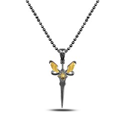 Męski naszyjnik sztylet, róża wiatrów i skrzydła harpii, łańcuszek kulkowy 50cm, oksydowane i pozłacane srebro 925
