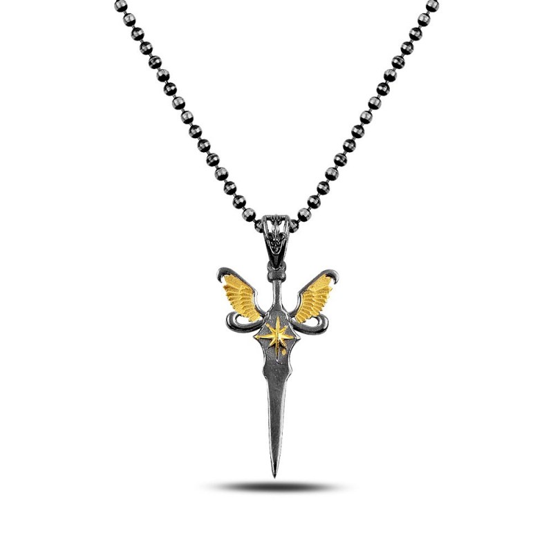 Męski naszyjnik sztylet, róża wiatrów i skrzydła harpii, łańcuszek kulkowy 50cm, oksydowane i pozłacane srebro 925
