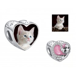Charms personalizowany ze zdjęciem kot w różowym sercu, srebro 925, emaliowany