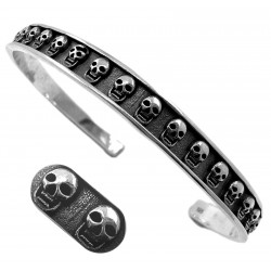 Męska bransoleta bangle SKULLS - sztywna w rockowym stylu czaszki + grawer, srebro 925, elegancka