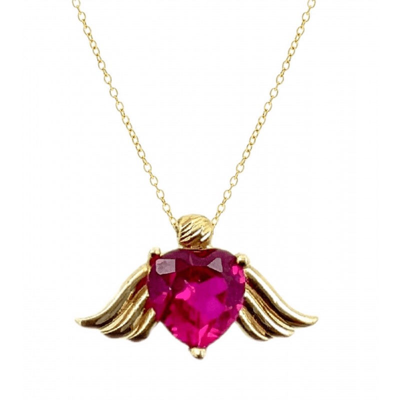 Złota 14k kolia - naszyjnik serce skrzydła anioła z rubinowym sercem, złoto 585, 42cm