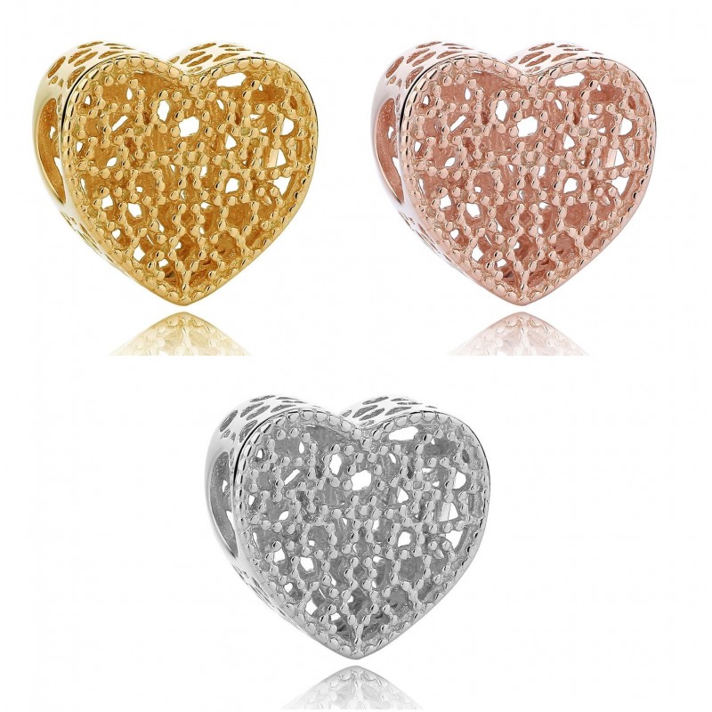 Charms ażurowe serce vintage na prezent na walentynki, srebro 925, srebrny, rose gold, złoty