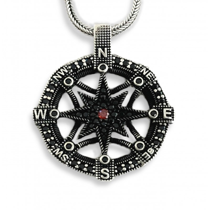 Męska zawieszka na łańcuszek wisiorek czarny ażurowy kompas - gwiazda polarna, srebro 925, na prezent dla męża, syna