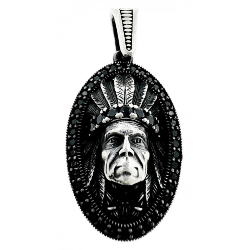 Męska zawieszka na łańcuszek wojownik Apacz - wódz Indian, rdzenny Amerykanin, srebro 925