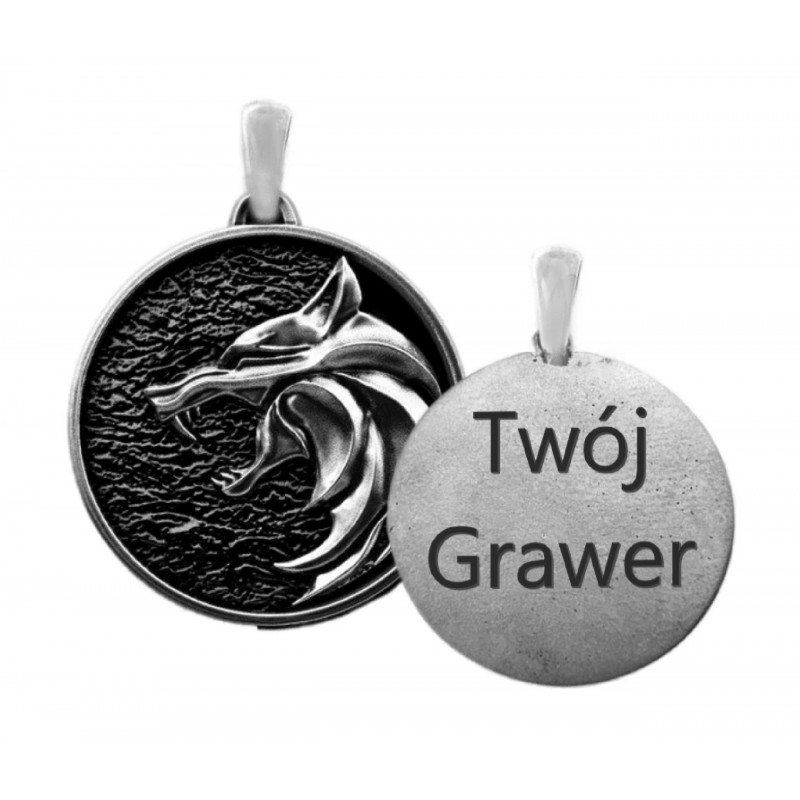 Męski medalion - zawieszka na łańcuszek talizman Wiedźmina - wilk, grawer, srebro 925