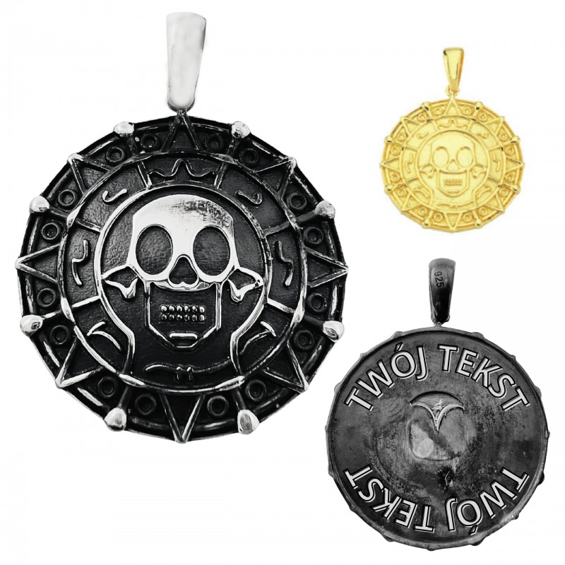 Męski medalion Aztecki zawieszka Piraci z Karaibów + grawer, srebro 925 lub złoto 333 i 585