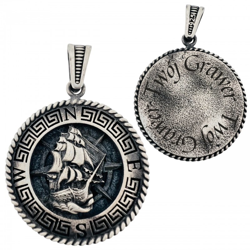 Męski naszyjnik lub wisiorek statek okręt piracki i kompas z greckim wzorem, 14,5g srebra 925