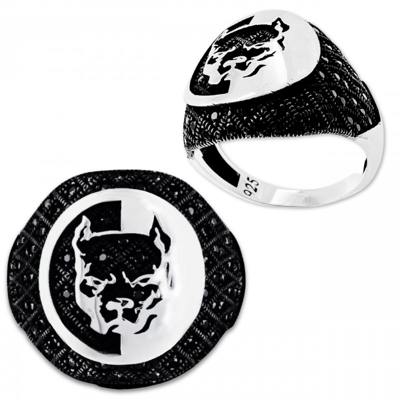 Czarny sygnet Pitbull - Pit Bull Terrier z czarnymi mikro kamieniami, srebro 925