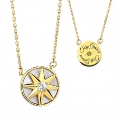 Złota celebrytka kolia z gwiazdą polarną - obrotowym kompasem i masą perłową, srebro 925, 40+6cm, cyrkonia sześcienna, grawer