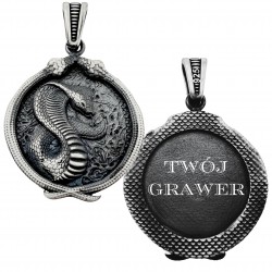 Męski naszyjnik lub medalion handmade - zawieszka kobra i dwa węże, Twój Grawer, oksydowabne srebro 925