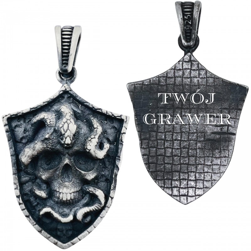 Męski naszyjnik lub wisiorek - tarcza z czaszką i wężem + grawer, oksydowane srebro 925