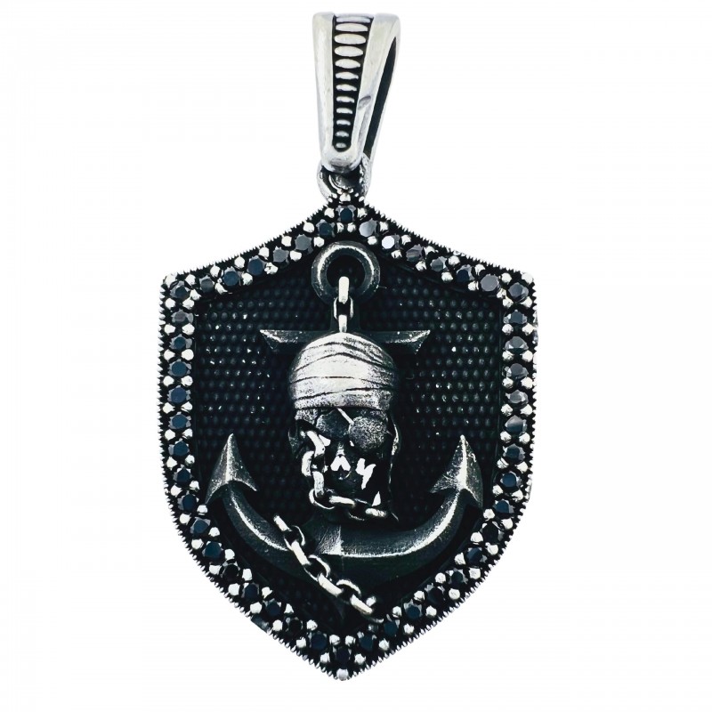 Męski naszyjnik lub medalion - kotwica z piratem widmo, oksydowane srebro 925