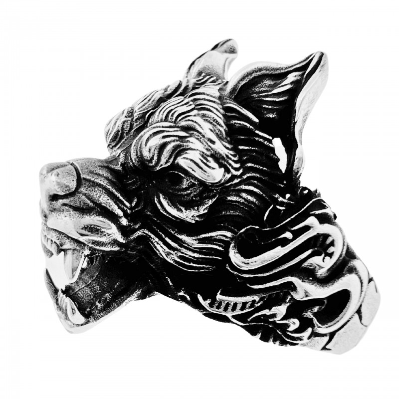 Spory sygnet groźny pies - głowa psa, srebro 925, 14g
