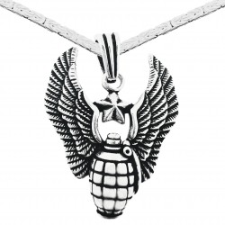 Duży męski naszyjnik lub zawieszka - granat i skrzydła orła dla motocyklisty, oksydowane srebro 925, 11,3g