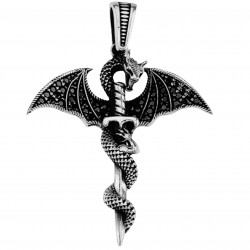 Męska duża zawieszka na łańcuszek - smok i miecz, srebro 925, skrzydła z czarnych kamini