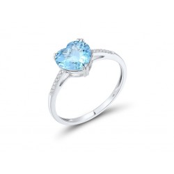Pierścionek serce z topazem swiss blue, radiant, białe złoto 585, diamenty 12szt 0,036ct, topaz, certyfikat