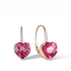 Kolczyki wiszące serce z topazem różowym, radiant, różowe złoto 585, diamenty 8szt 0,024ct, topaz, certyfikat