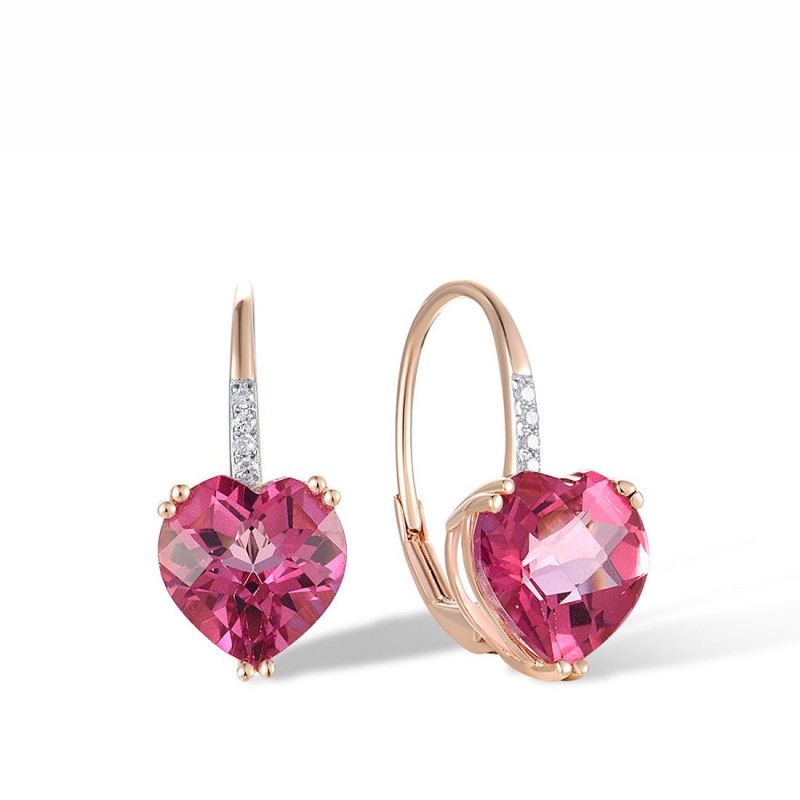 Kolczyki wiszące serce z topazem różowym, radiant, różowe złoto 585, diamenty 8szt 0,024ct, topaz, certyfikat