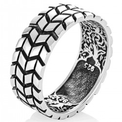 Elegancki męski pierścień - obrączka opona wzór bieżnik opony dla motocyklisty lub rajdowca, srebro 925  + grawer
