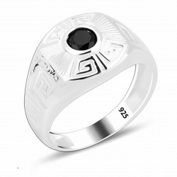 Elegancki tani męski sygnet - pierścień z czarnym kamieniem i greckim wzorem, srebro 925