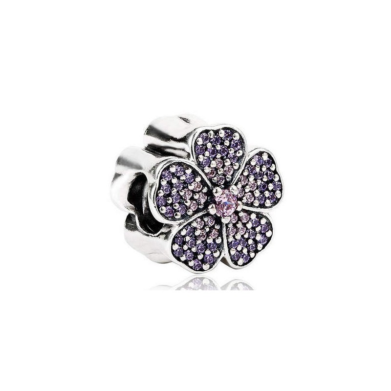 Charms modułowy lśniący kwiat pierwiosnek fioletowe cyrkonie srebro 925