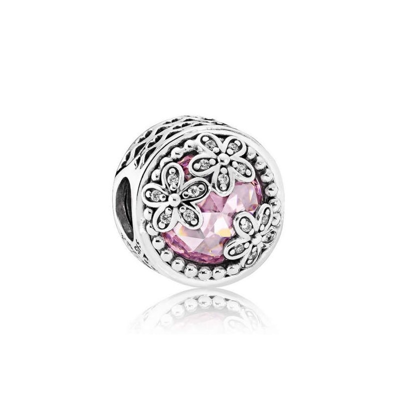 Koralik charms różowy radiant, stokrotki srebro 925, cyrkonia sześcienna